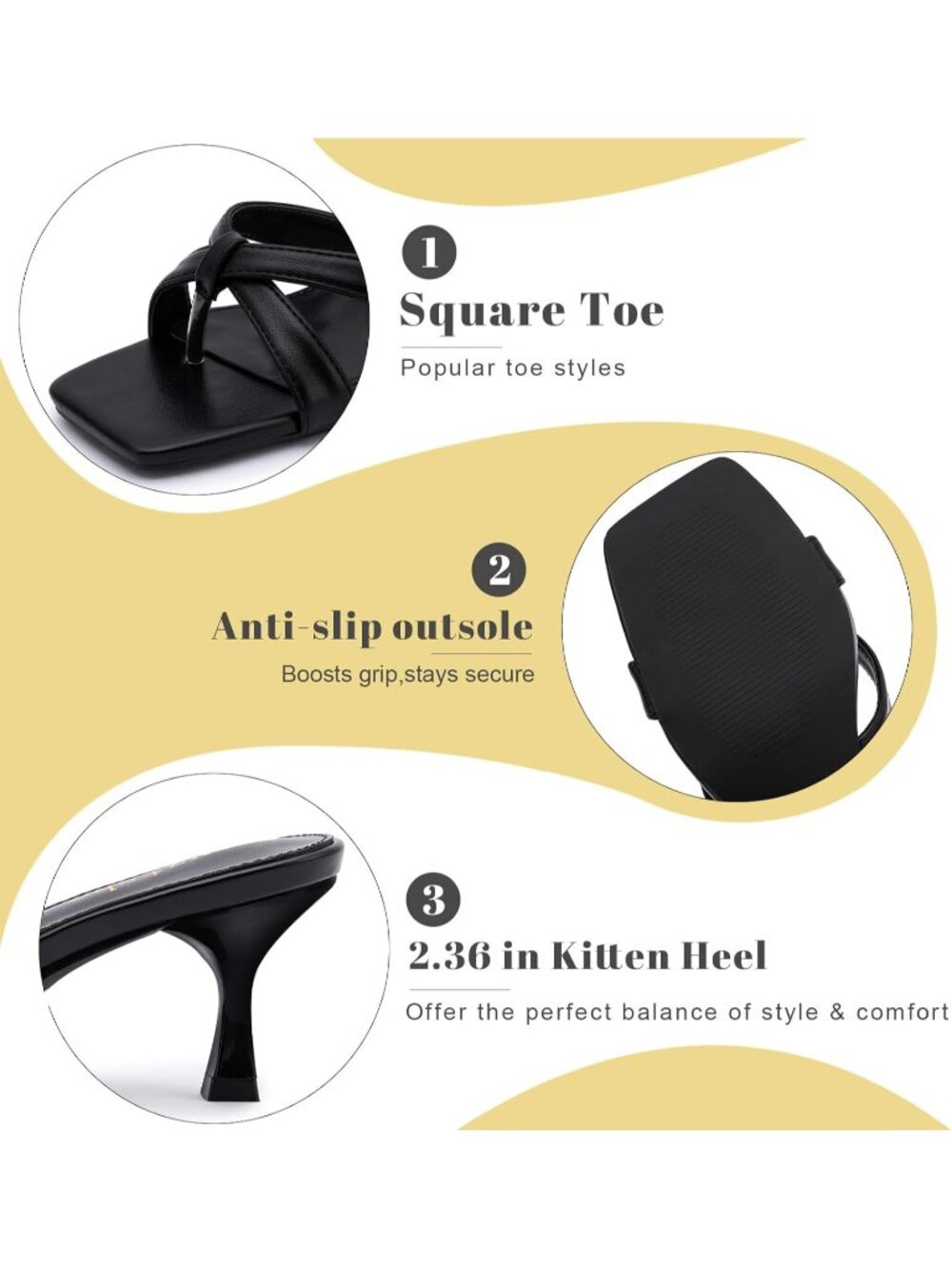 Women's Black 1 Kitten Heel Sandals Slip On Slides Square Open Toe Mules Casual - Picture 5 of 6
